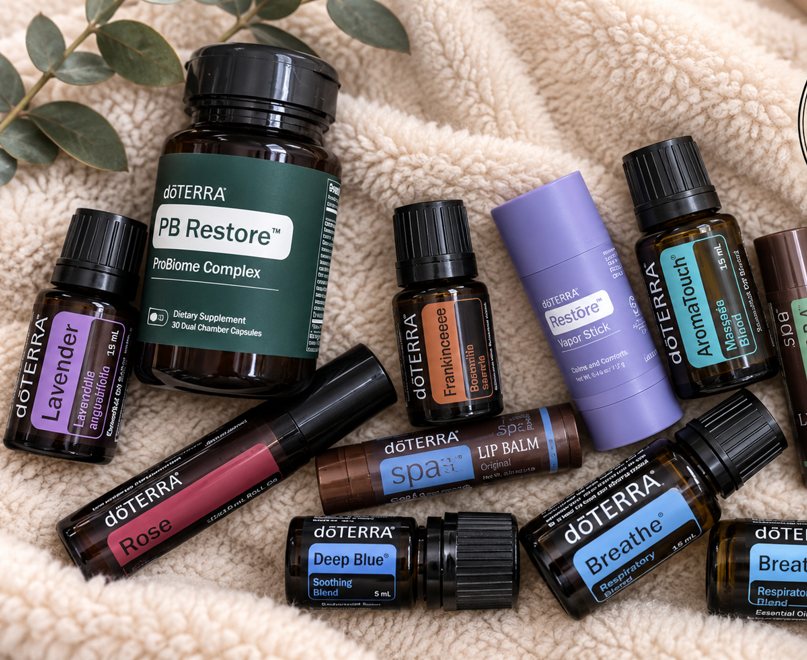 dōTERRA&reg; oils on a towel: Lavender, Deep Blue, Breathe, AromaTouch, Copaiba and Frankincense